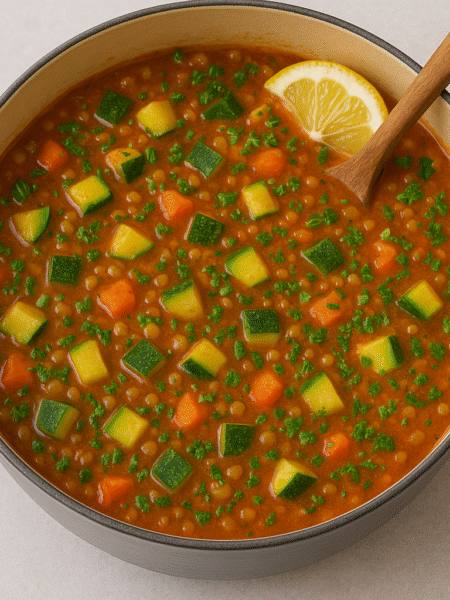 Hearty hot bowl of zucchini lentil stew